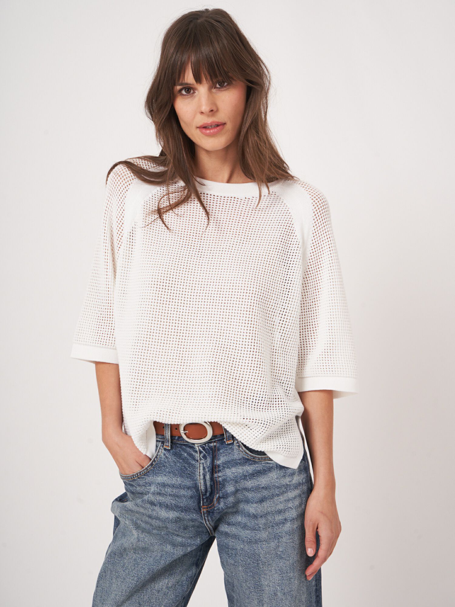 REPEAT cashmere Ajour trui met wijde korte mouwen