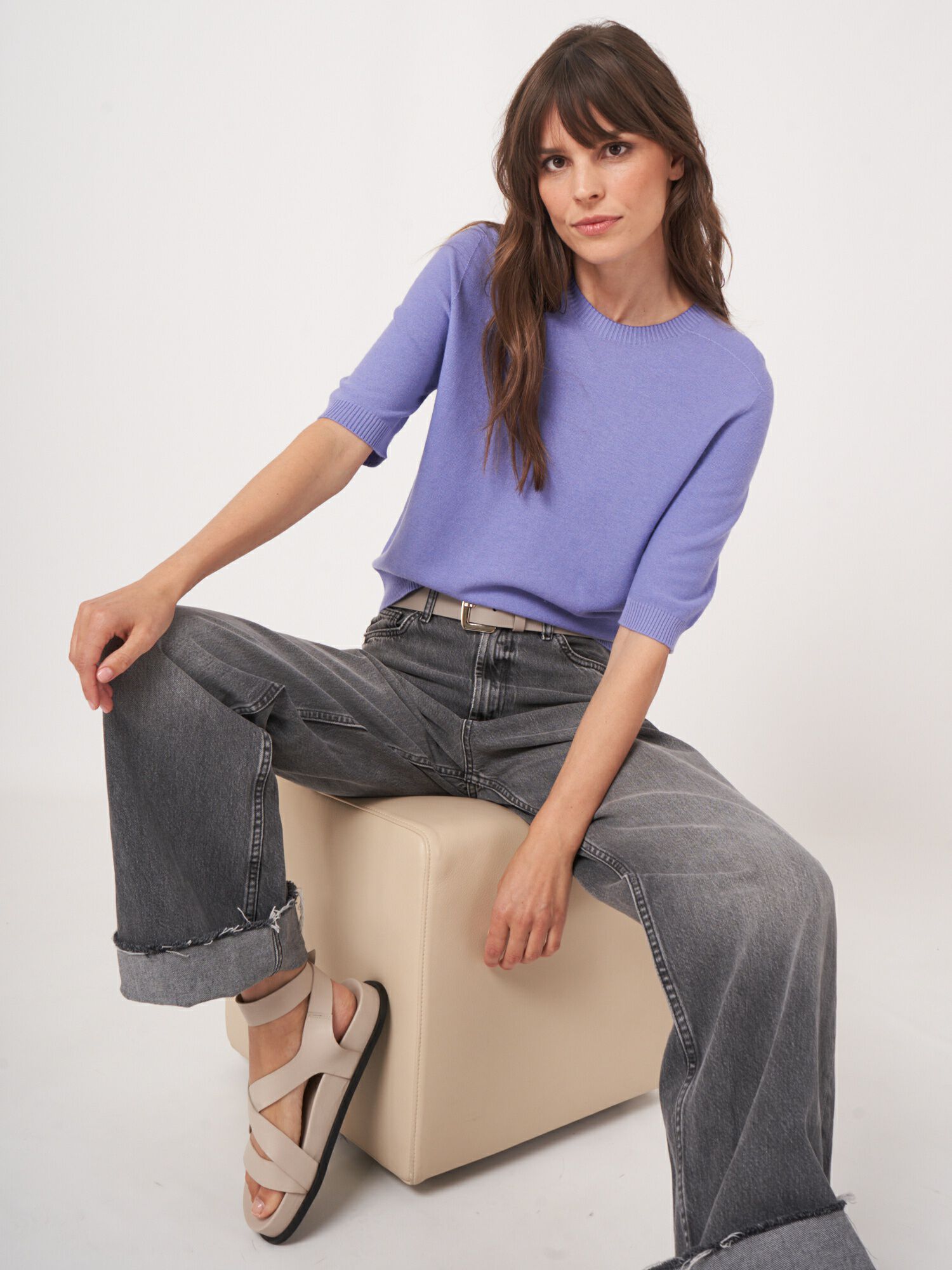 REPEAT cashmere Trui met korte mouw van cashmere en katoen