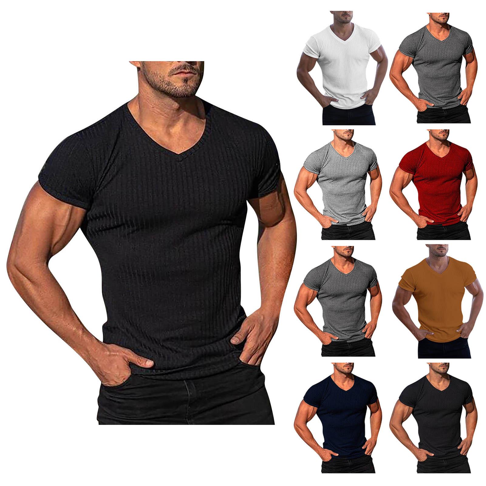 Linglong (ZO)Heren casual slim fit basic korte mouw mode T-shirt V-hals zomertop L donkergrijze kleur