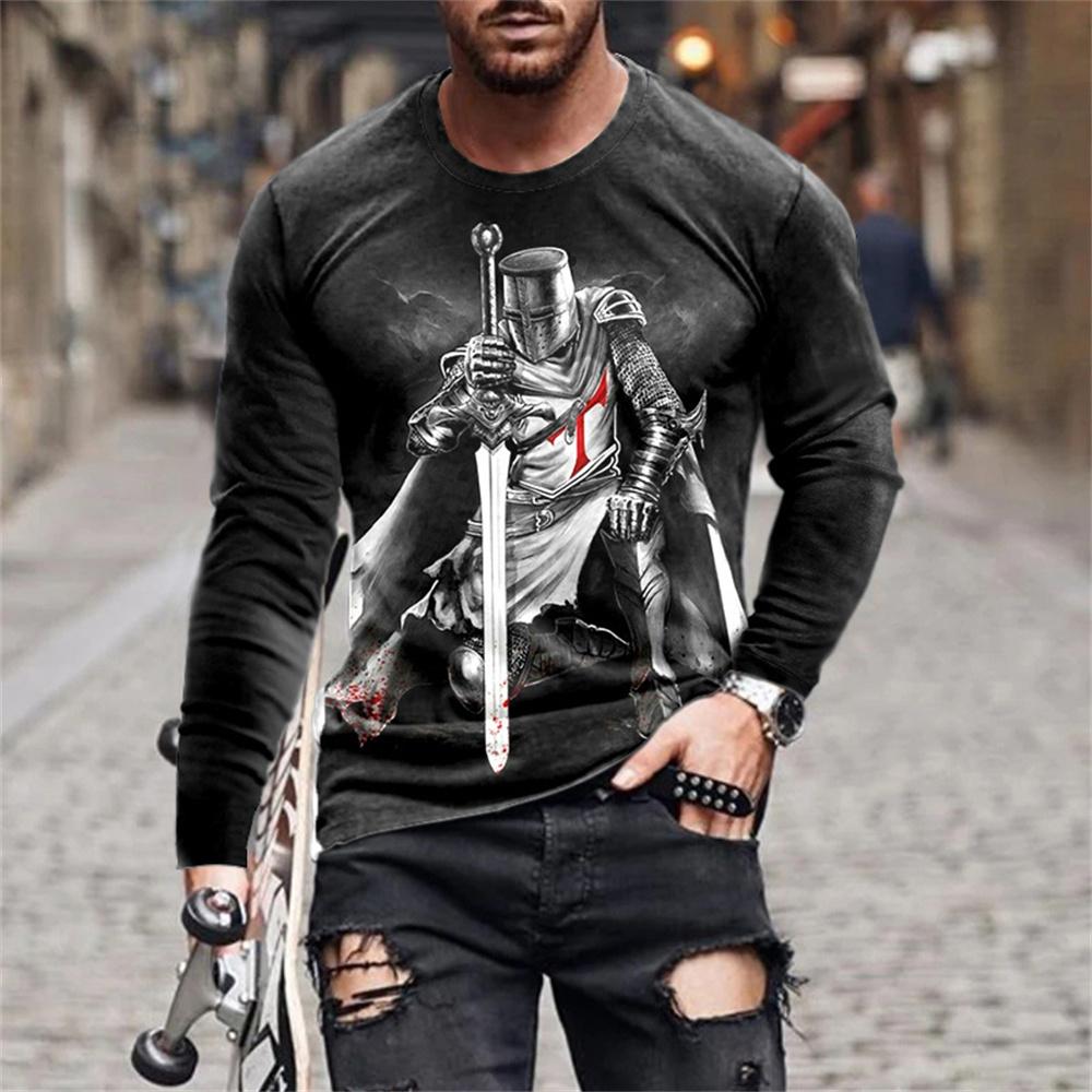 ETST 03 Vintage Templar Knight 3D Print Zomer Heren O-hals T-shirt Casual Lange Mouw T-shirt Oversized Pullover Mode Herenkleding 5XL