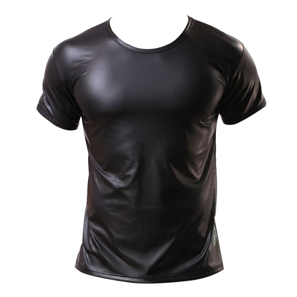 Talos Men Clothing TMC heren kunstleer effen kleur elastische topbar podiumprestatie slank T-shirt L zwart