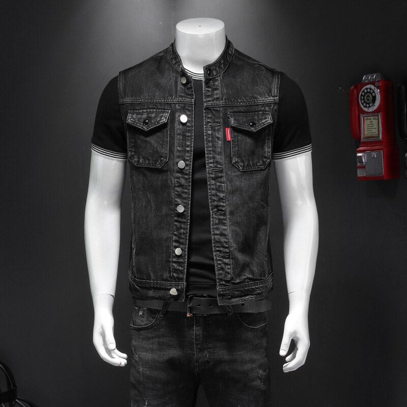 Kimoi Heren Harley Motorcycle Team Shirt Zwart Stand Collar Large Denim Vest Heren Fat Brother M-5XL XL zwart