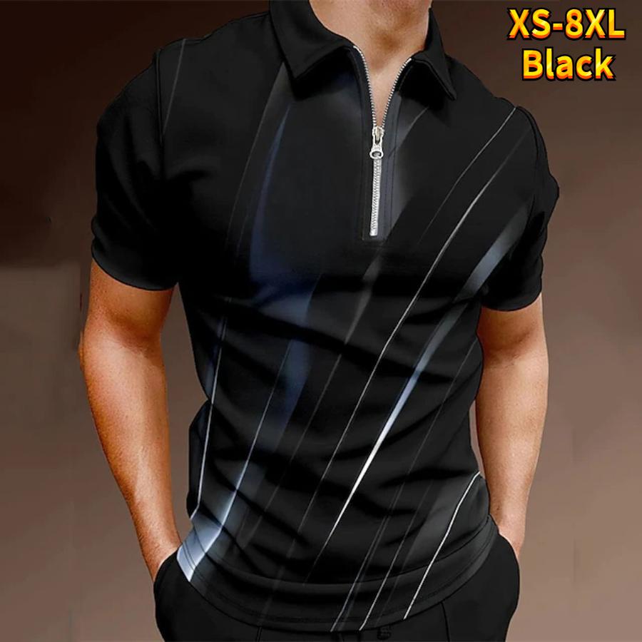 Happy Show Casual revers T-shirt Jonge herenmode Rits T-shirt Korte mouw T-shirt Heren 3D Color Block Print T-shirt 2XL zwart
