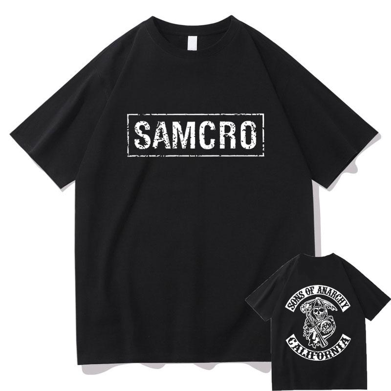 Explorer Outdoors Sons of Anarchy SAMCRO Dubbelzijdig Print T-shirt Mannen Womnen Mode Hip Hop Rock Tees Korte Mouw Zomer Katoenen T shirts Tops M zwart