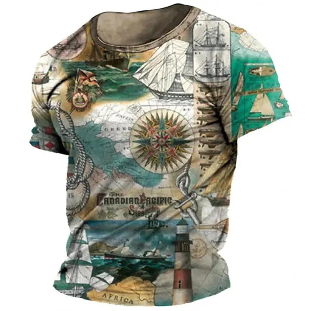 ETST WENDY 005 Heren Vintage Nautische Kaart Kompas Print T-shirt Zomer Dagelijks Losse Korte Mouw Mannelijke Tops Casual T-shirts Unisex Kleding Kleding 4XL