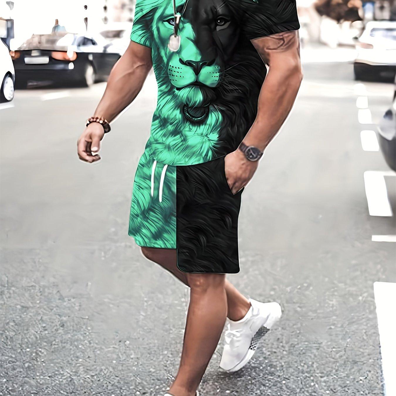 ETST 07 Loungewear-set met leeuwenprint voor heren - T-shirt met korte mouwen, ronde hals en shorts met zakken voor zomercomfort en stijl 6XL