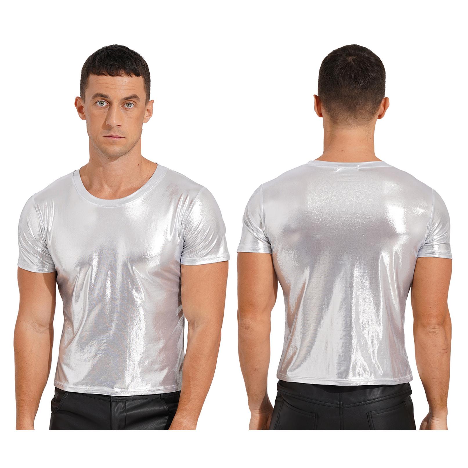 YOOJIA Heren T-shirt met korte mouwen en ronde hals Glanzend metallic effen kleur Tops voor vakantie-dansfeesten L zilver