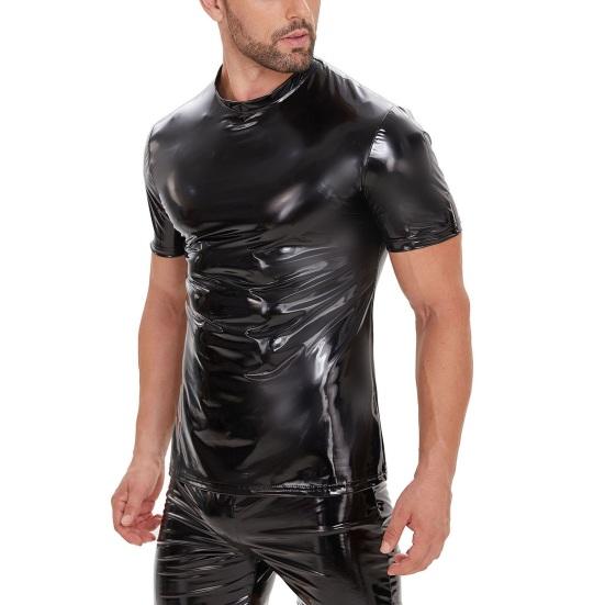 Western Cool Men Heren clubtop glad glanzend kunstleer korte mouwen ronde hals slim fit elastisch zacht ademend middenlengte feest nachtclub prestatie T-shirt 3XL zwart