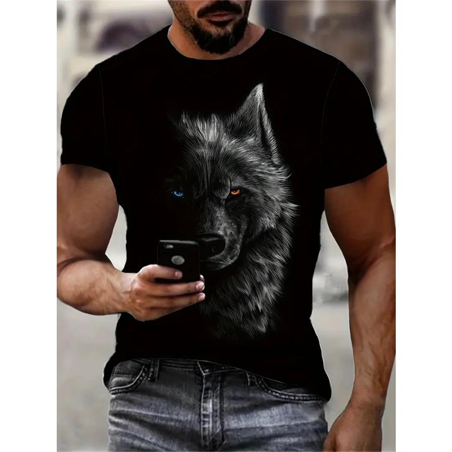 HerSight Grafische Wolf Print Heren Creatieve Top, Casual Ronde Hals Korte Mouw Licht Stretch T-shirt Voor Zomer Buiten 6XL