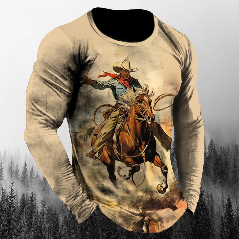 ETST 012 Vintage Westside Cowboy Print Herfst mannen O-hals T-shirt Casual Lange Mouwen Oversized T-shirts Mode Tops Trend Mannen Kleding 4XL