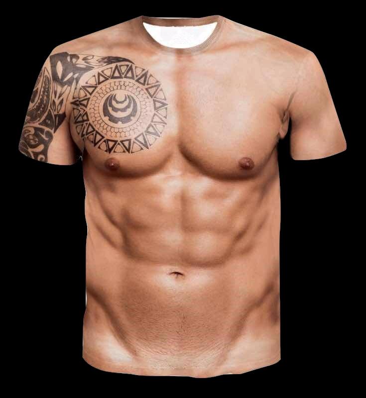 ETST 009 Nep buikspieren en borsten grappig heren t-shirt 3D tatoeage kleding patroon dier persoonlijkheid evenement korte mouwen t-shirt trendy jaarlijks feest L