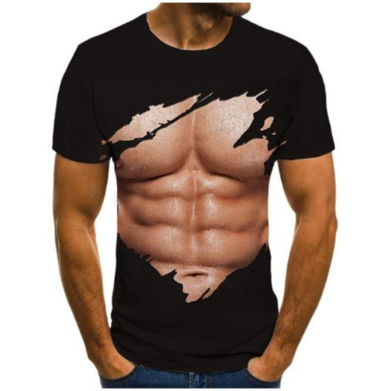 WowClassic Trendy merk buikspierpatroon bedrukt T-shirt met korte mouwen voor heren Zomer losse casual 3D bedrukt T-shirt Top 6XL