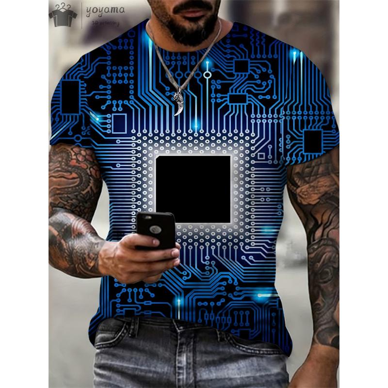 ETST 009 Zomer Heren Circuit Board Elektronische Chip CPU Creatieve Grafische 3D Print T-shirt Mode O-HALS Korte Mouw Oversized T-shirt XS