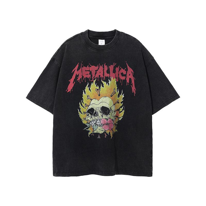 VantaGoods ARTIE Heren Washed Retro Skull Flame T-shirt - Donkere losse pasvorm, trendy korte mouw M