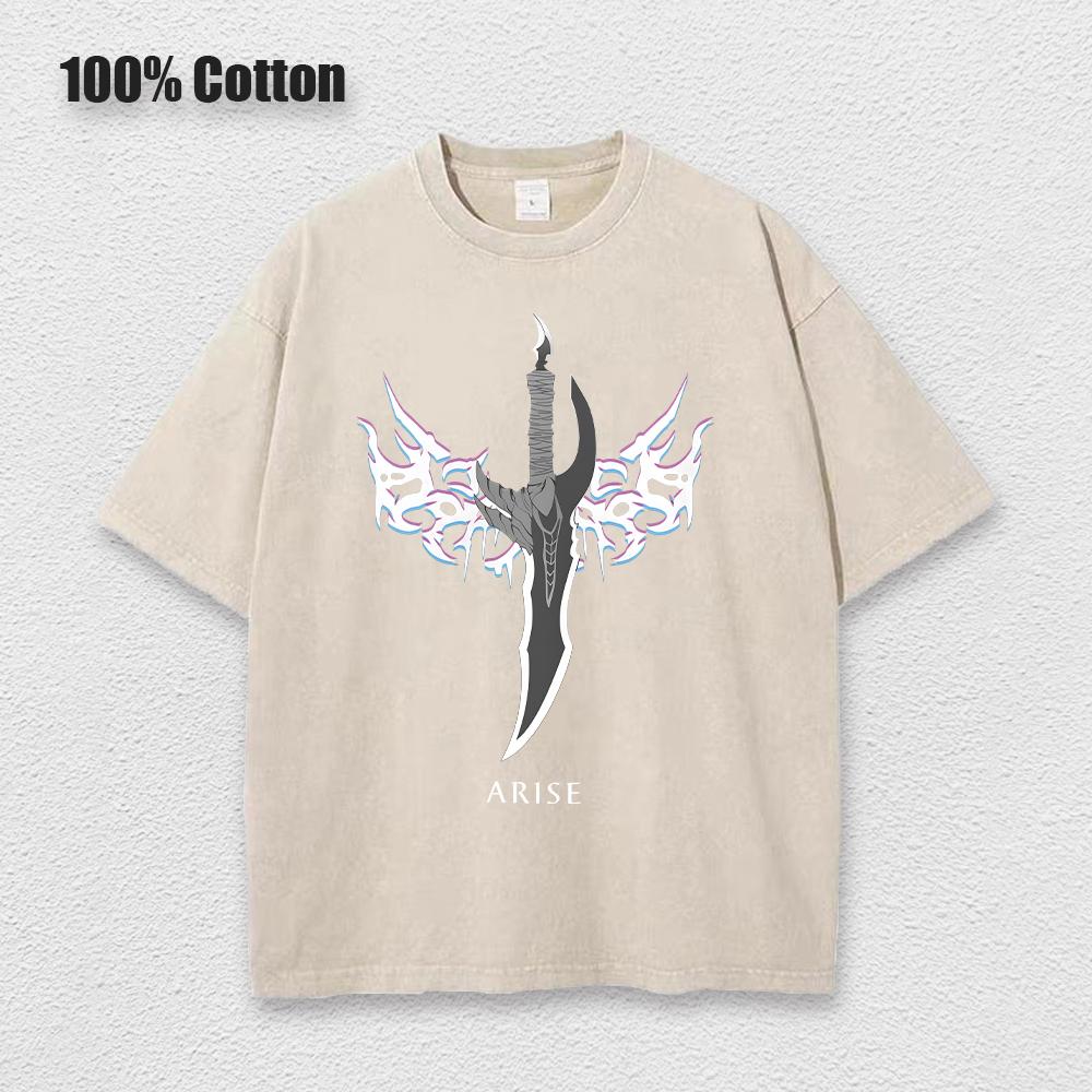 A washed short sleeved T-shirt Top Anime Solo Leveling Oversized T-shirts voor heren, vintage, zwaargewicht T-shirts, katoenen workout-shirts met acid wash, unisex 3XL