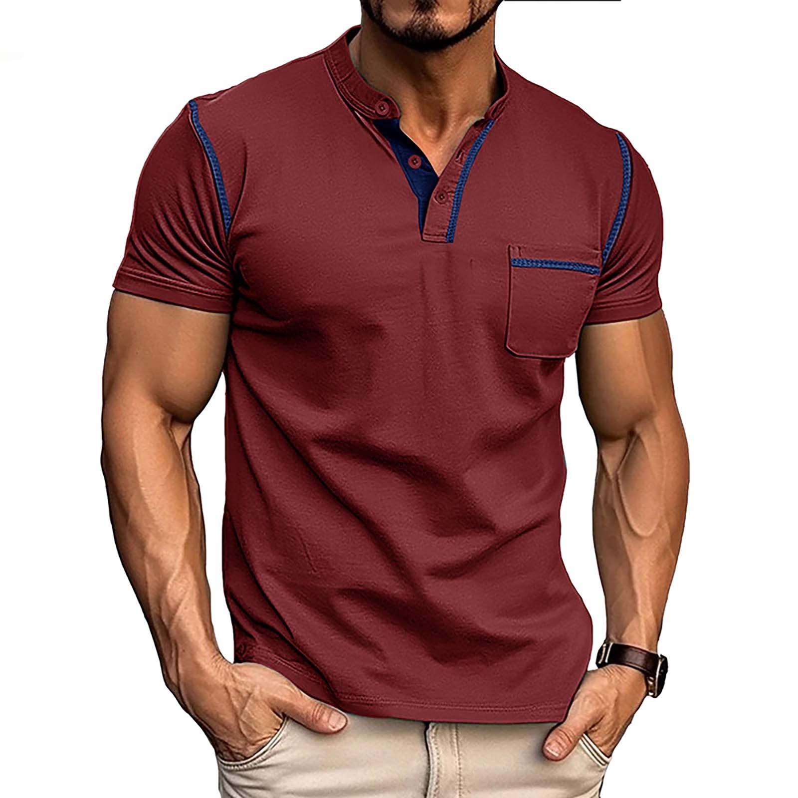 Jiangnan E Heren ronde hals korte mouwen halflange basis shirt top modieus contrasterende kleur T-shirt XL wijn