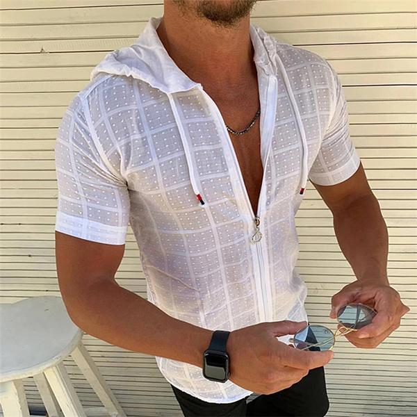 RJ37CE Nieuw zomermode heren T-shirt met korte mouwen en capuchon en ritssluiting uit één stuk XXXL wit