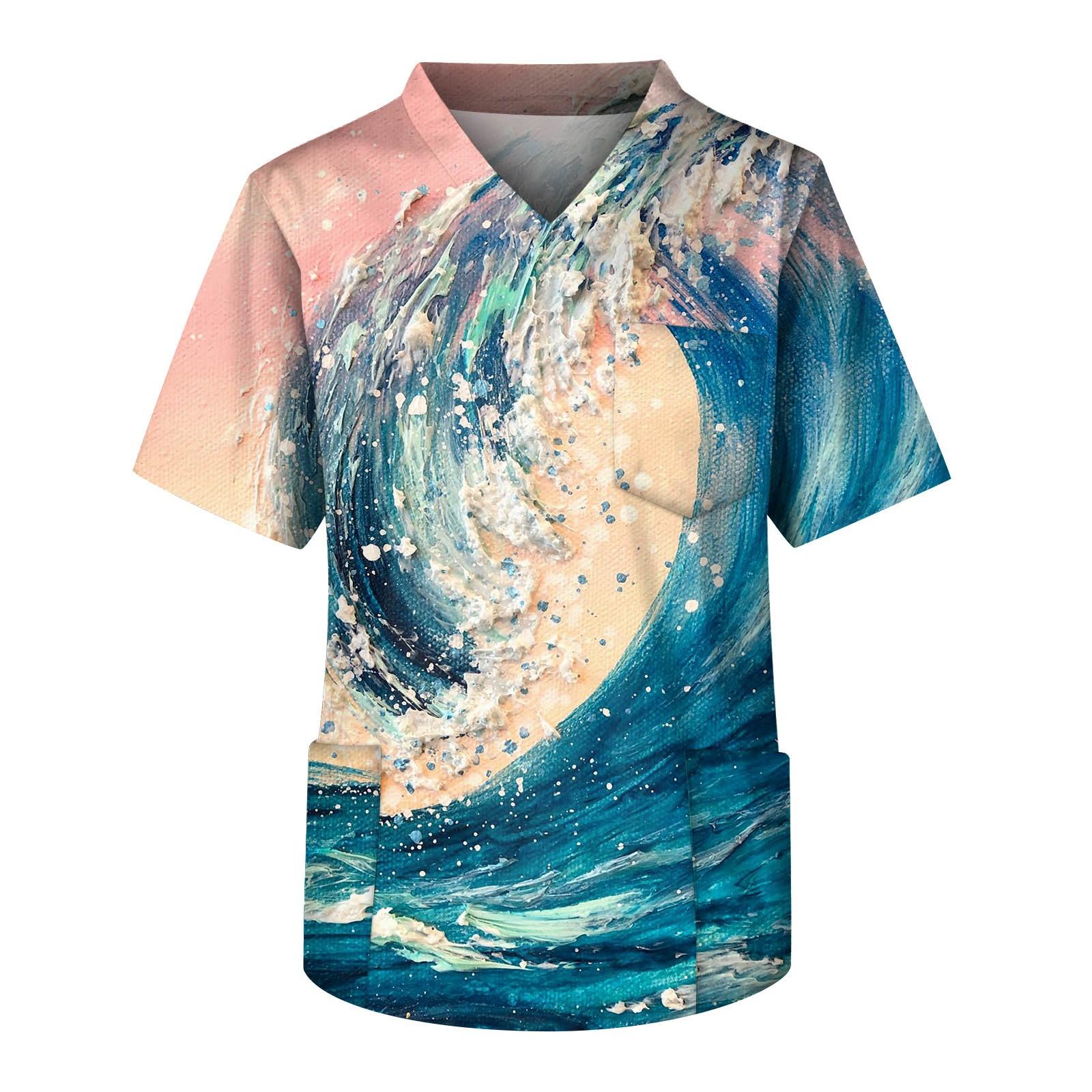 Molihua Heren Bedrukte Korte Mouw V-hals Tops Werkende Zak Blouse L blauw