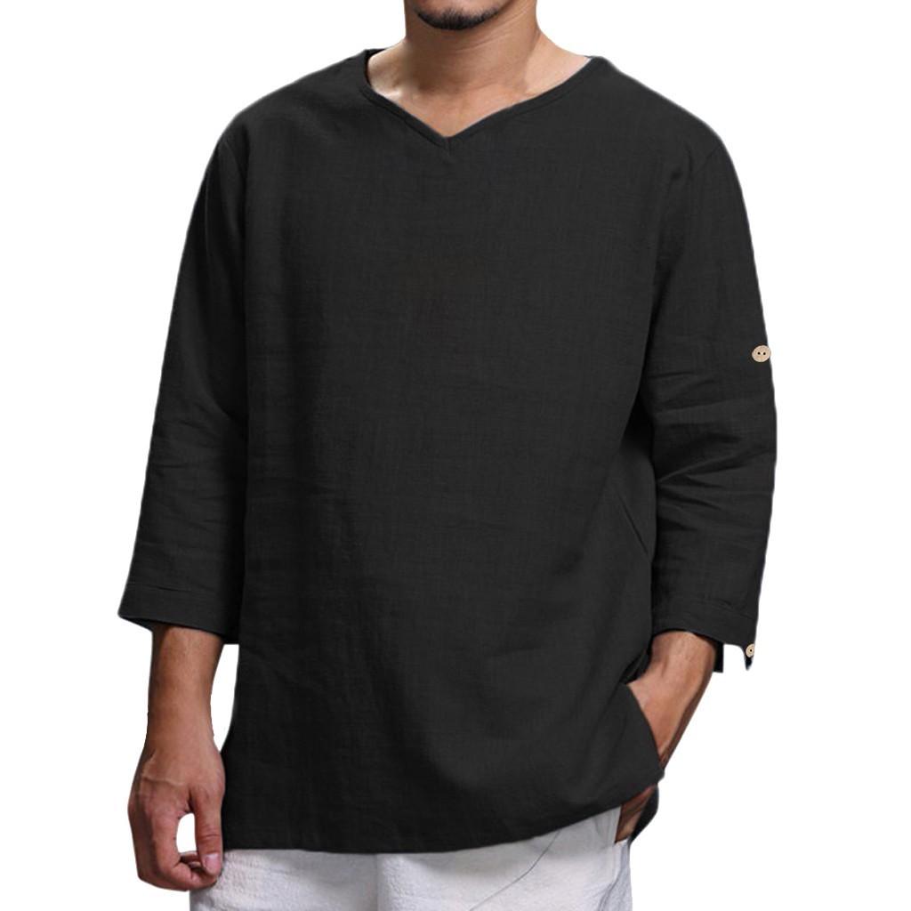 Molihua Heren zomer nieuwe katoen en hennep top, comfortabele mode blouse top XXXXL zwart