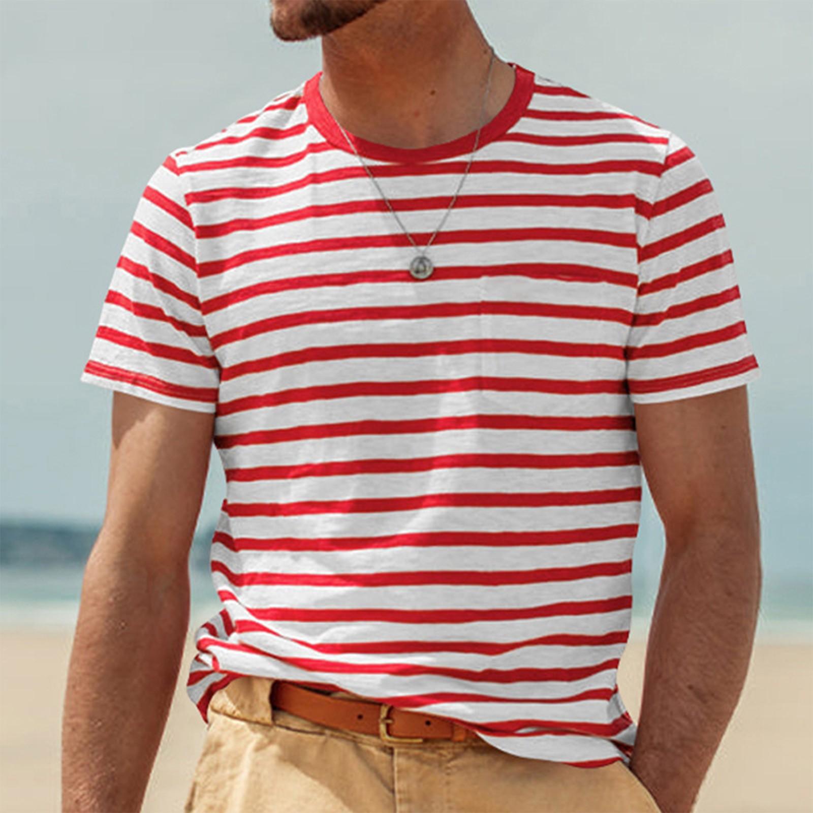 Wahaha123 Herenmode Casual Gestreepte Korte Mouw Tops Heren Ronde Hals T-shirt M rood