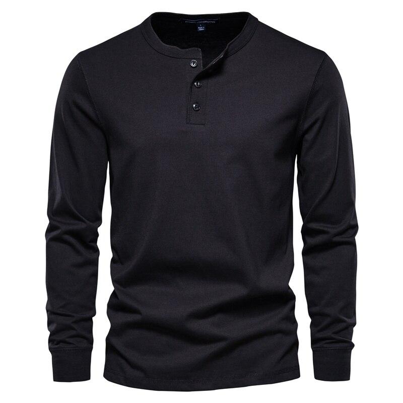 AIOPESON Men Fashion AIOPESON Henley Kraag 100% Katoenen T-shirt Mannen Casual Effen Kleur Lange Mouw Top Tees Mannen Nieuwe Herfst Hoge kwaliteit Heren T-shirts M zwart