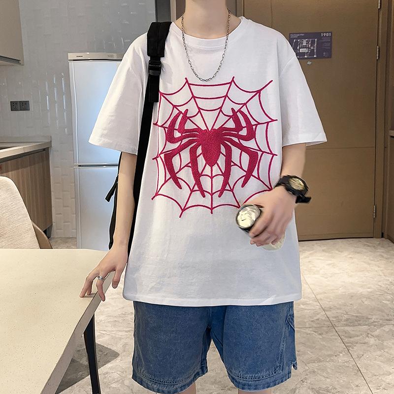 VantaGoods Heren 2024 Zomer Spider-Man Geborduurd Retro T-shirt, 220g Katoen, Vijfpunts Mouw XXL wit