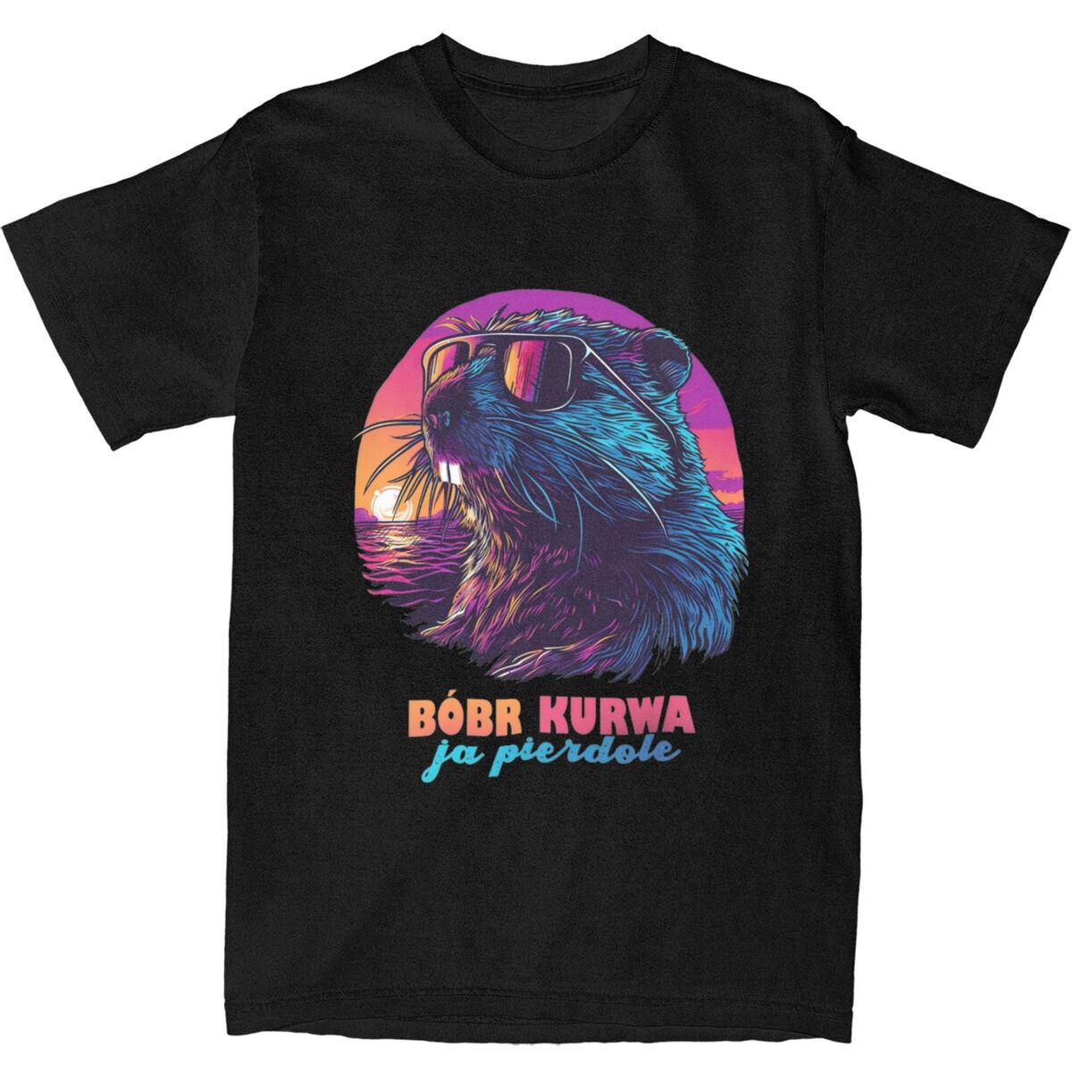 FT T Shirts Paar T-shirts Synthwave Polish Bever Meme Bobr Bober Kurwa T-shirts Nieuwigheid Zomer Tee Shirt Streetwear Design Katoenen Tops L zwart