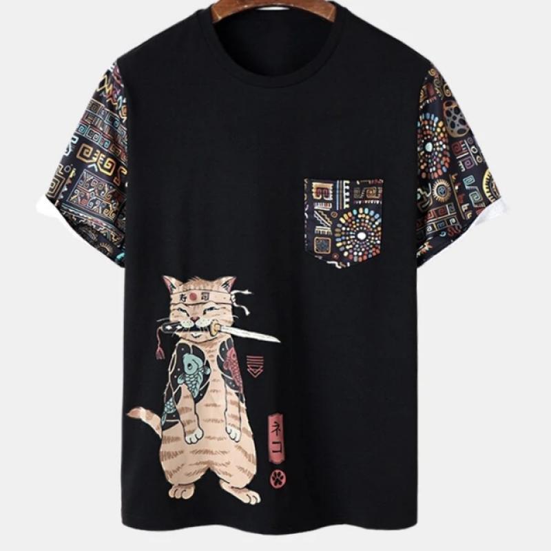 ETST 012 Dier Kat Print Mannen T-shirt Harajuku Leuke Losse Korte mouwen Tops Mode Eenvoudige T-shirts Oversized Mannen Vrouwen Unisex kleding L