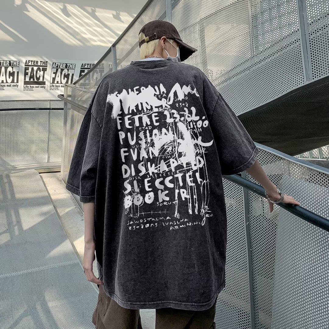 VantaGoods Heren Oversized Retro Paars Gewassen Katoenen T-shirt - Korte Mouw Trendy High Street Stijl 3XL zwart