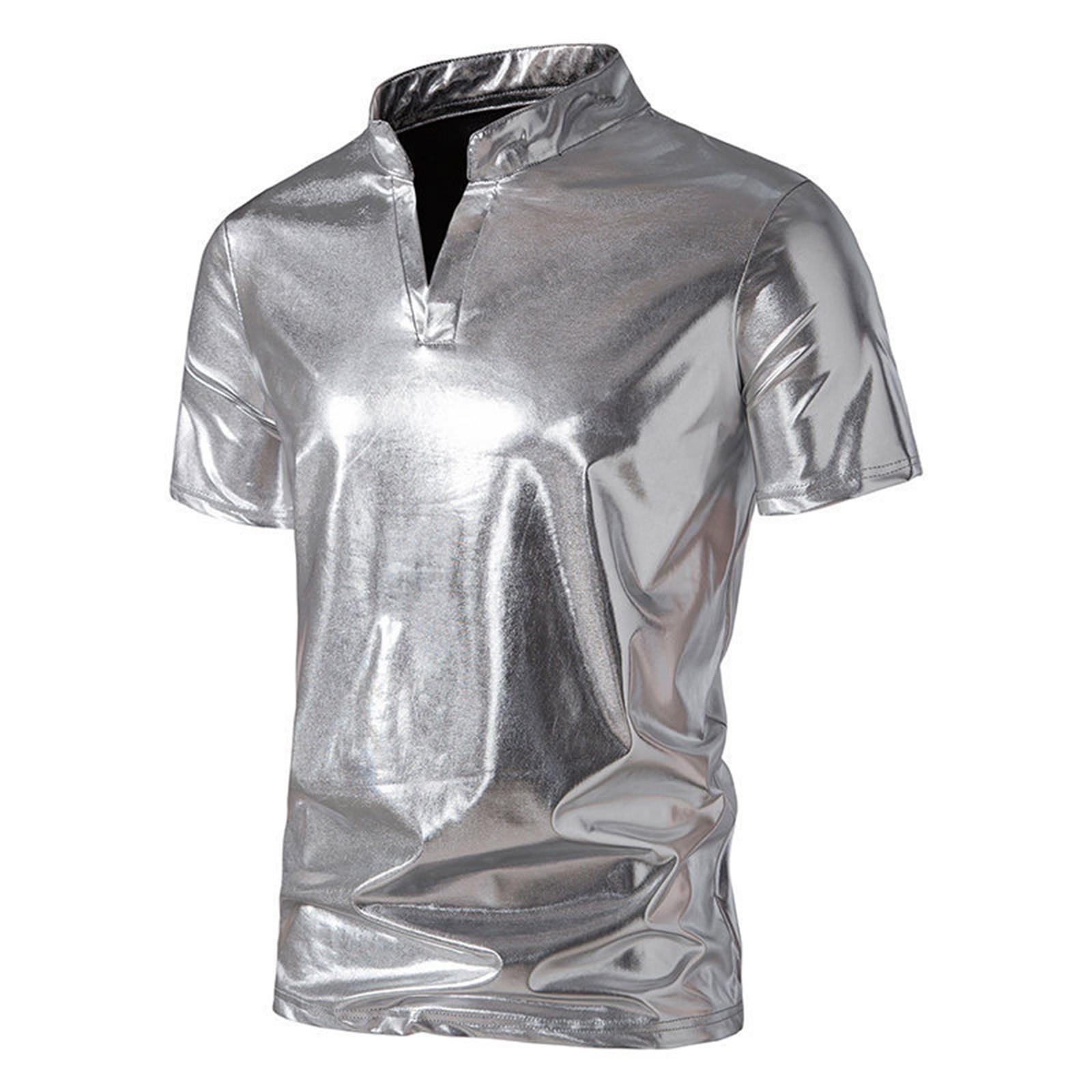Amydeal Men's Summer Nightclub Solid Color Gold Stamping Men's Casual Short-sleeved V-neck T-shirt Shiny Collar Shirt XL zilver
