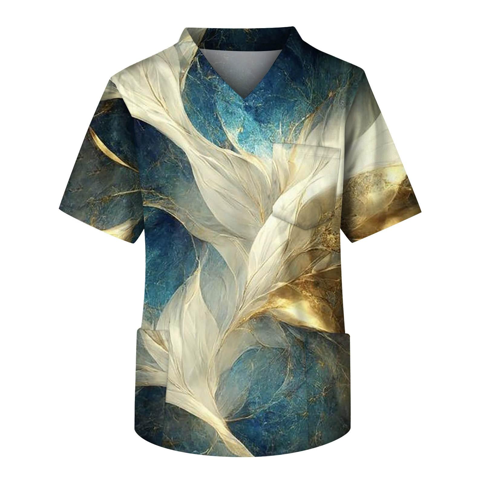 Molihua Heren Bedrukte Korte Mouw V-hals Tops Werkende Zak Blouse XL kaki