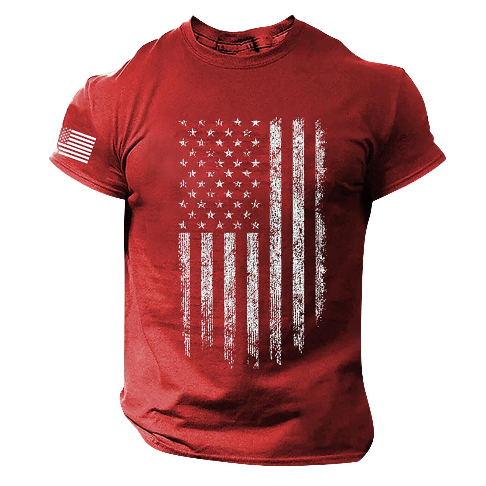 ElongPaoXiao Heren zomer T-shirt met korte mouwen en casual hals Retro bedrukt Onafhankelijkheidsdag T-shirt Street Track Tops XL rood