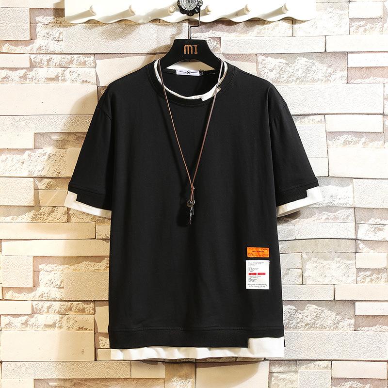 EUREKA E Zomer Japanse Losse Grote Maat Ronde Hals Gedrukt T-shirt Mannen Stiksels Nep Twee Stukken Student Casual T-shirt zomer 5XL zwart
