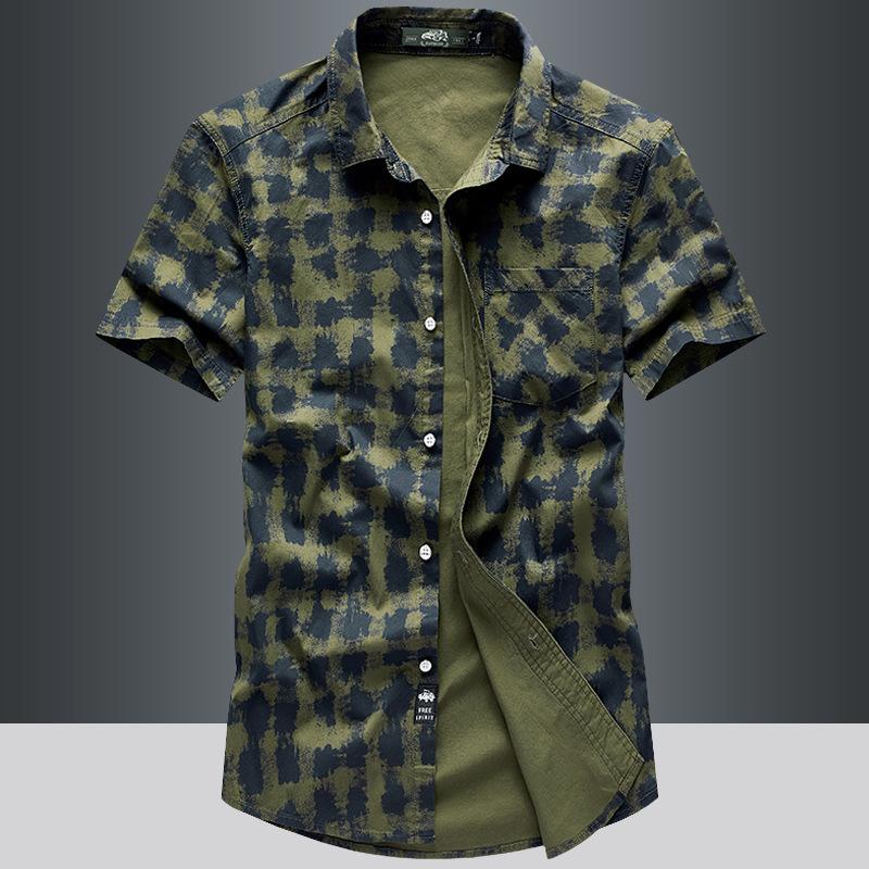 Phoca Largha for Men Zomer Heren Korte Mouw Overhemden Katoen Los Plus Size Knap Casual Ademend Absorberend Zweet Mode Heren Overhemden Jas L legergroene kleur