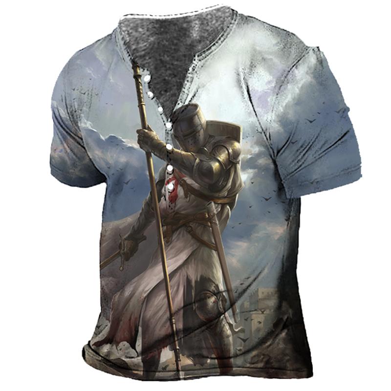 TIP723 Vintage T-shirt voor heren 3D-print Knight Henley-shirt V-hals korte mouwen oversized tops T-shirt herenkleding streetwear 6XL