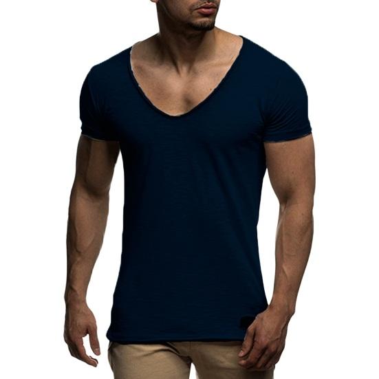 Western Cool Men Heren T-shirt Korte Mouwen V-hals Effen Kleur Zacht Slim Fit Mid Lengte Elastisch Casual L marineblauwe kleur