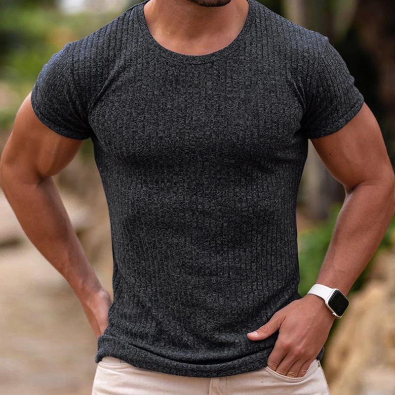 Phoca largha Heren Stretch T-shirt Geribbelde Gebreide Mouw Bodybuilding Gym Tee Korte Mouw Slim Fit Workout Shirts Zomer Ademend Ronde Hals T-shirts voor Heren M donkergrijze kleur