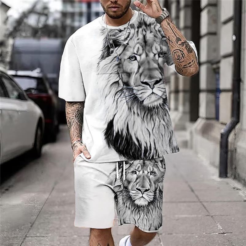 ETST 07 Plus Size 3D Leeuw Print Mannen Cool T-shirt Shorts Set Voor Sport Fitness Zomer Street Style Oversized Grafische 2 stuks Mannen Kleding XL
