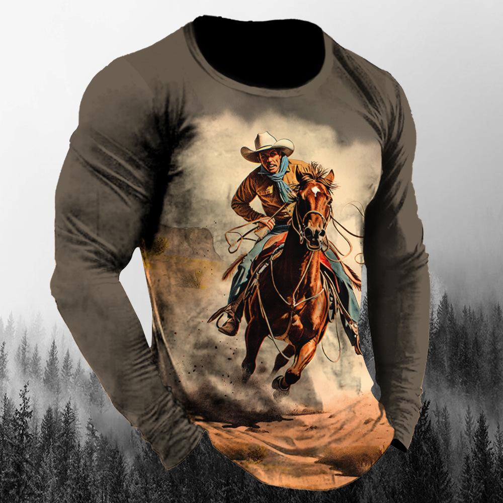 ETST 007 Vintage Westside Cowboy Print Herfst mannen O-hals T-shirt Casual Lange Mouwen Oversized T-shirts Mode Tops Trend Mannen Kleding 6XL