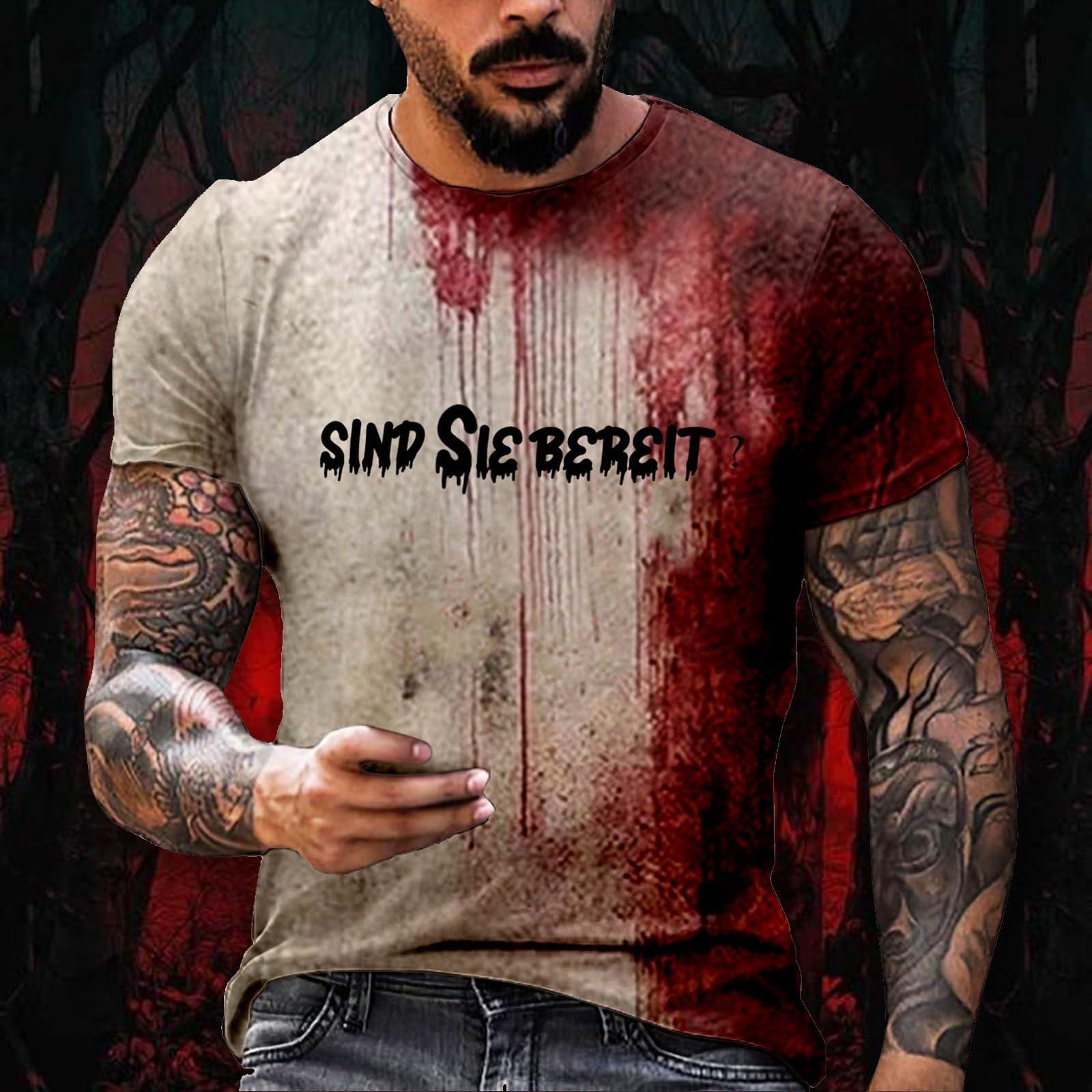 Sinking fish Halloween T-shirt Heren Casual Ronde Hals Bloedspatten Patroon Tops Horror Bloederige Bedrukte Korte Mouw Tops XL wijn