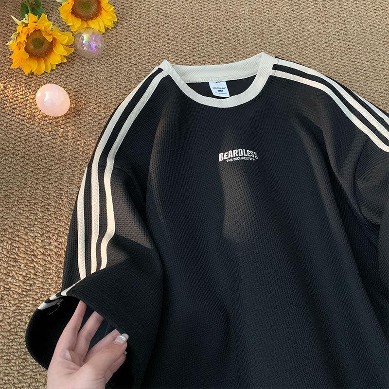VantaGoods Zomers gestreept wafel T-shirt voor heren - Casual, losse pasvorm, korte mouwen, kleine kraag sporttop XXL