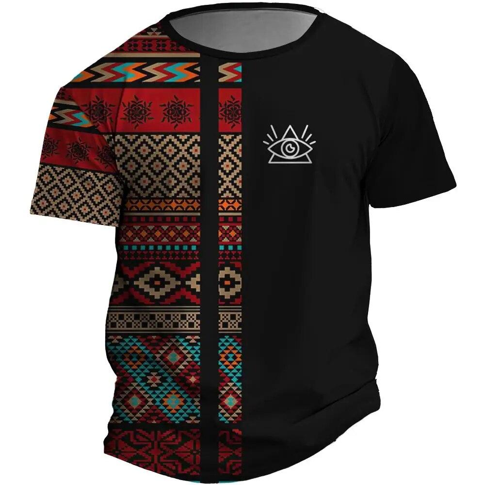 Wengy 2 Vintage Heren T-shirt Etnische Stijl Bedrukte T-shirts Voor Mannen 3d Streep Korte Mouwen Tops Tees Retro Oversized Herenkleding M
