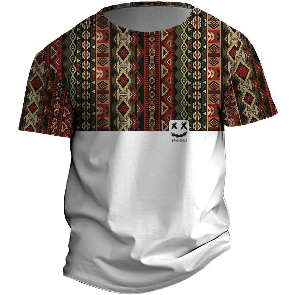 Wengy 2 Vintage Heren T-shirt Etnische Stijl Bedrukte T-shirts Voor Mannen 3d Streep Korte Mouwen Tops Tees Retro Oversized Herenkleding XL