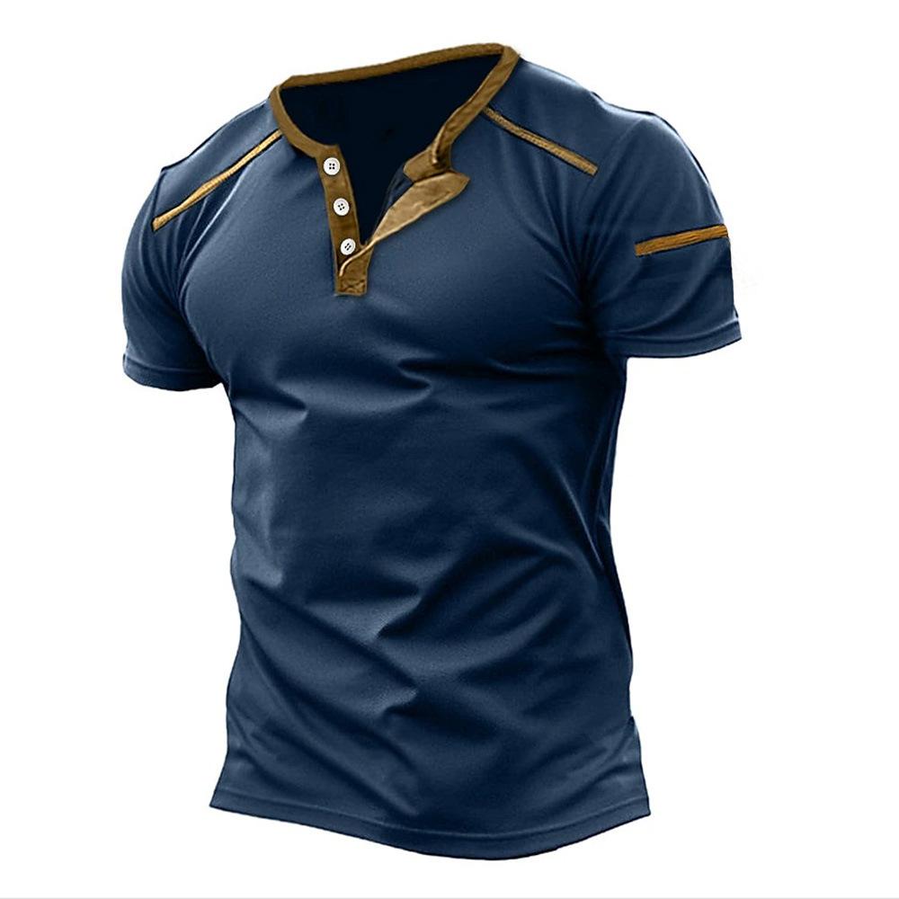 FX Men Heren casual T-shirts met korte mouwen, knoop V-hals, vintage zomerspier-T-shirt voor heren XXL marineblauwe kleur