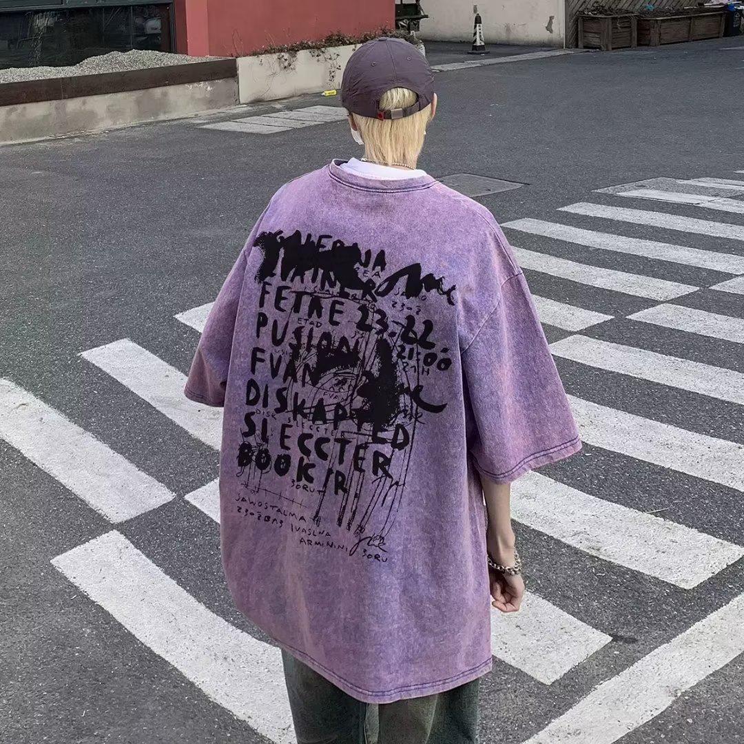 VantaGoods Heren Oversized Retro Paars Gewassen Katoenen T-shirt - Korte Mouw Trendy High Street Stijl XL paars