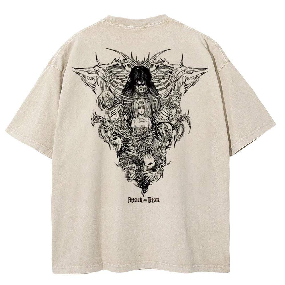 Washed T Shirt top No.1 Heren gewassen anime Attack on Titan T-shirt hiphop streetwear grafische print oversized T-shirt korte mouwen katoenen losse vintage tops S
