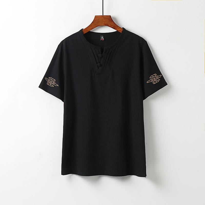 Molly Show Herenkleding Grote Maten T-shirts Linnen Chinese Stijl Zomer V-hals Grote Korte Mouw T-shirt Mannelijke Tee Tops Plus 9XL zwart