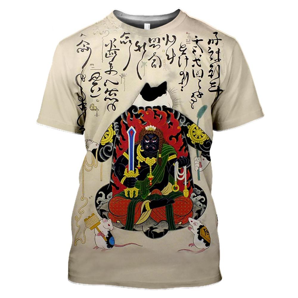 Kukebang Retro T-shirt Mannen Vrouwen Samurai Kat Tattoo Shirt Voor Mannen 3d Print Cool Classic Art Shirt Voor Zomer Ronde Kraag tops Tees 6XL