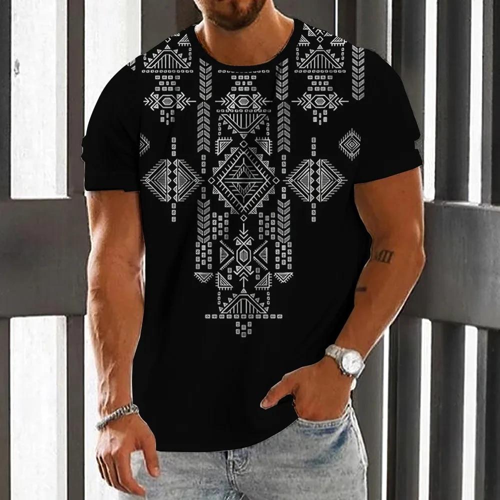 Kukebang Heren T-shirt Etnisch 3D Print Casual Korte Mouw Zomer Ronde Hals Streetwear Vintage Man Losse Sweatshirt Ademende Herenkleding 6XL