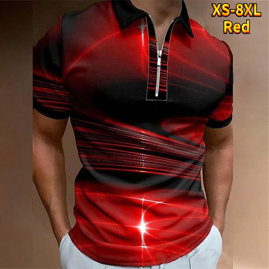 Happy Show Casual Revers T-shirt Jonge Mannen Mode Rits T-shirt Korte Mouw T-shirt Mannen 3D Rood Lichtgolf Print t-shirt 8XL rood